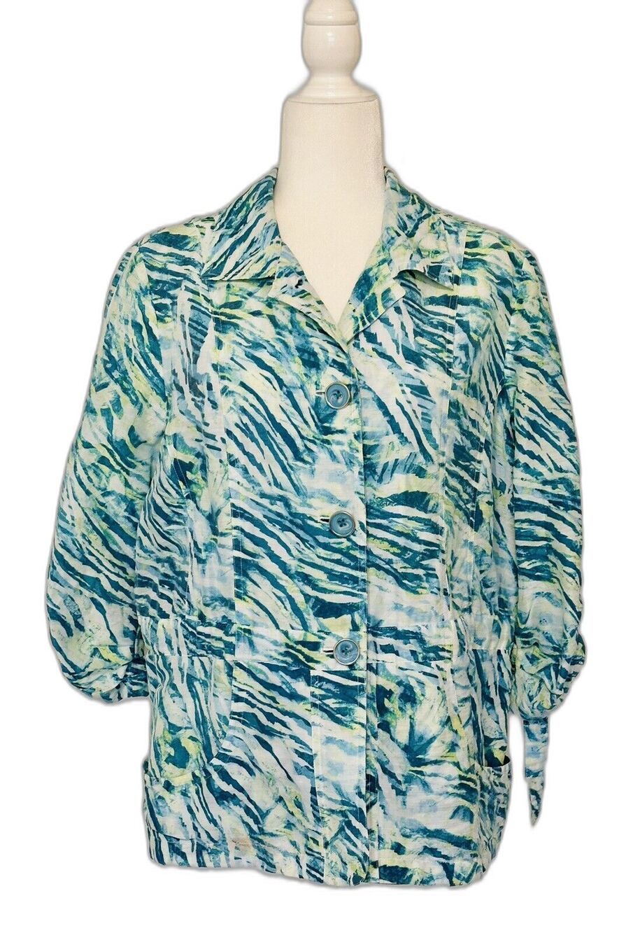 Chico's Size 2(US L) Blue Cyan Animal Accents Ailee Button Up Linen Blend Jacket
